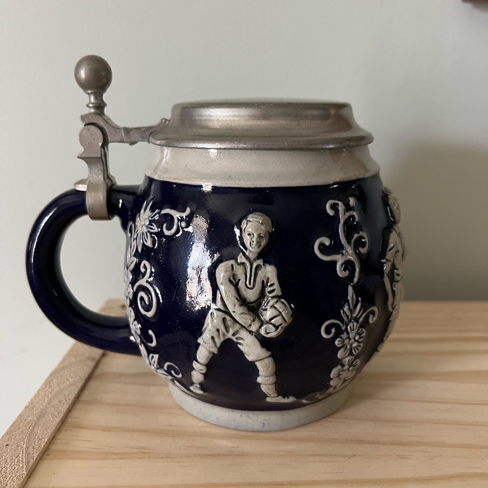 Antique German Beer Stein Cobalt Blue Glazed Soccer Football Player Pewter Lid